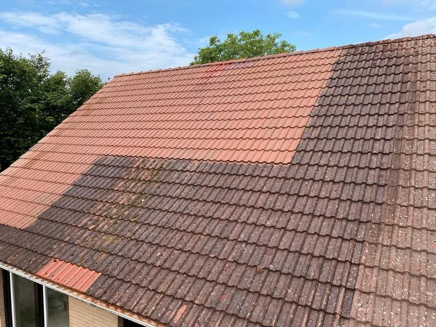 Toiture à moitié démoussée : la limite entre la partie nettoyée et la partie encore couverte de mousse est nette